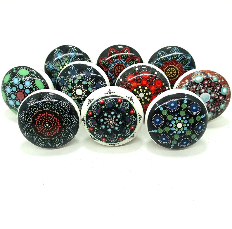Wielokolorowe ceramiczne gałki meblowe, płaskie gałki okuciowe 1,5" zdjęcie 1