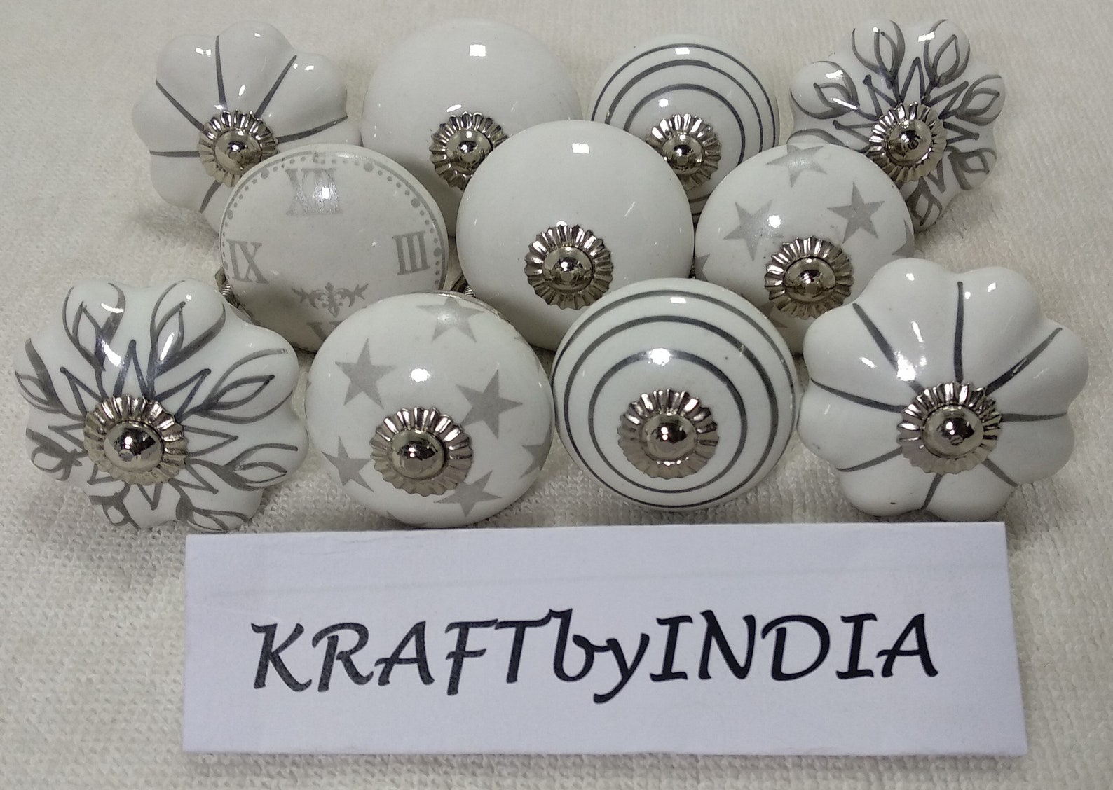 White and Silver Ceramic Knobs Handpainted Kitchen Etsy