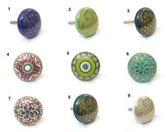 Golden Ceramic Cabinet Knob, Floral Hardware - 1.5 Inch Diameter