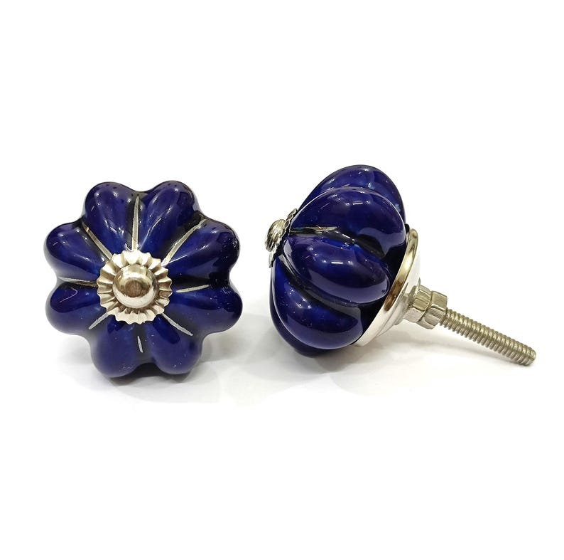Blue Ceramic Pumpkin Knobs, Silver Accents image 1