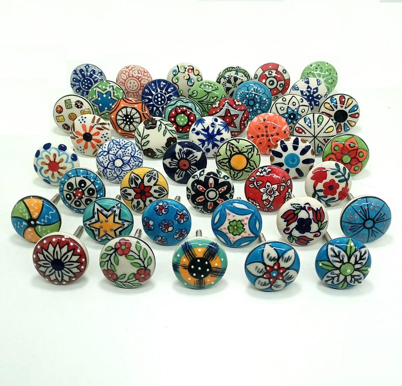 Handpainted Ceramic Cabinet Knobs, Multicolor Floral Hardware image 1