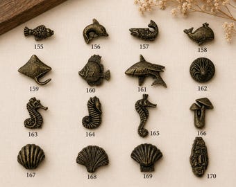 Vintage Brass Ocean & Nature Knobs Set, Marine Animal Cabinet Knobs, Fish Seahorse Shell Mushroom Drawer Pulls, Nautical Furniture Hardware