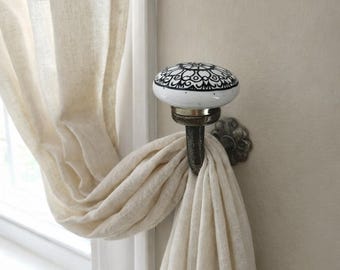 Gancho para sujetar cortinas con pomo de cerámica / Metal floral, decoración estilo casa de campo