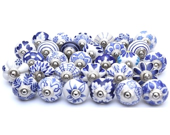 Perillas de cerámica azul pintadas a mano para gabinetes, herrajes de cocina