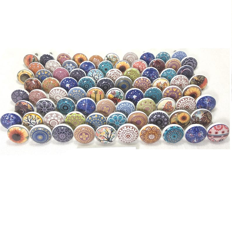 Multicolor Ceramic Drawer Knobs, Vintage Flat Cabinet Pulls image 1