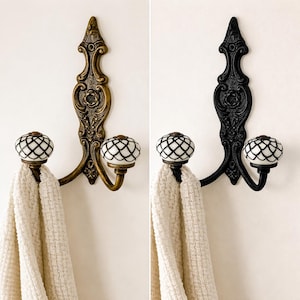 Gancho de pared vintage con perillas de cerámica, gancho doble de latón antiguo y negro, toallero rústico, gancho decorativo de pared.