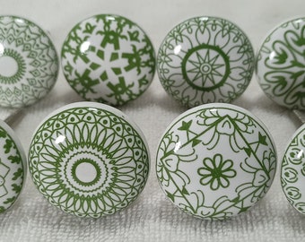 Green and White Ceramic Cabinet Knobs, Floral Pattern