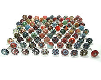 Puxadores de gaveta de cerâmica pintados à mão, ferragens de armário vintage multicoloridas