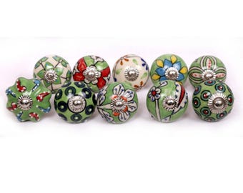 Handpainted Green Ceramic Cabinet Knobs, Embossed Design