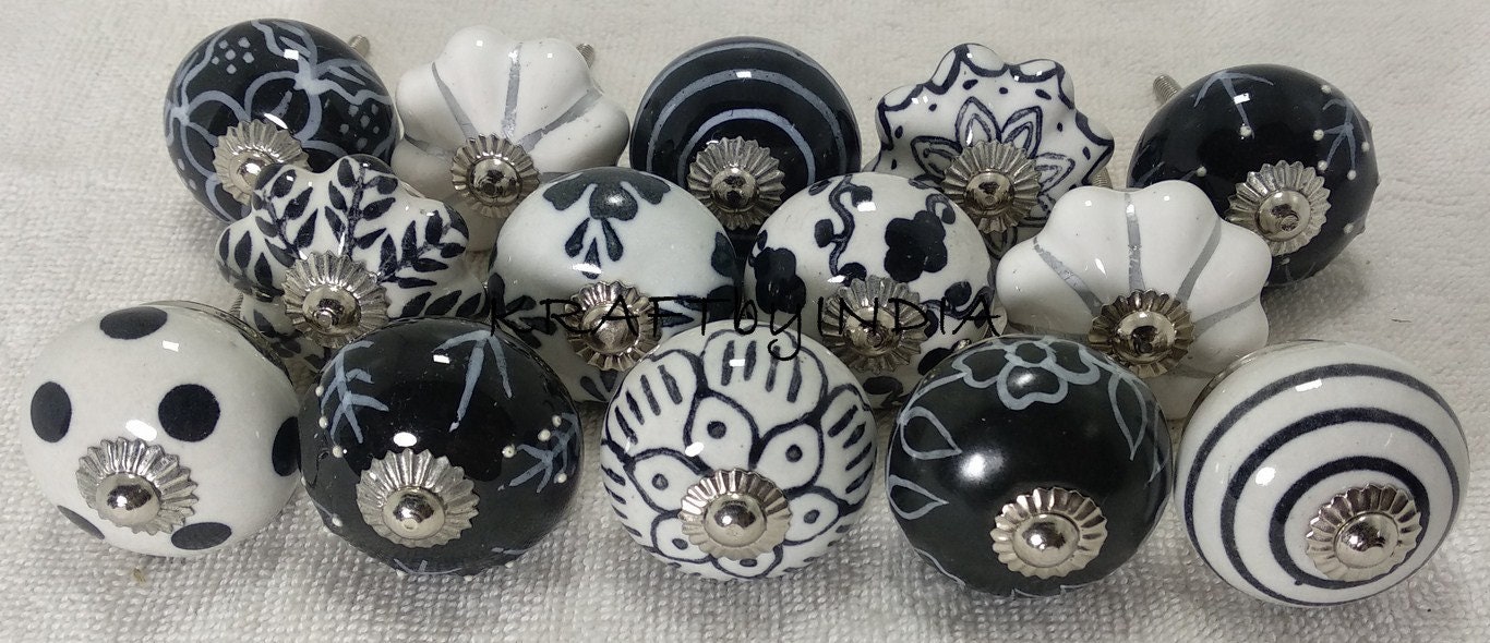 Black and White Ceramic Door Knobs Handpainted Kitchen Etsy