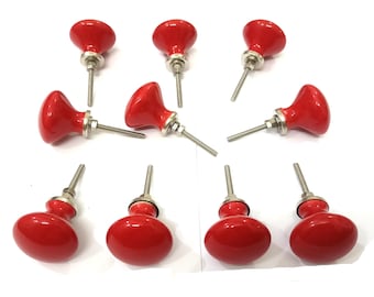 Rote Keramik Knäufe, Vintage Handbemalte Hardware