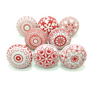 Red and White Ceramic Cabinet Knobs, Flat Drawer Pulls
