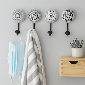 Ganchos de pared de cerámica negra: perchas decorativas bohemias para la entrada, el baño y el dormitorio.