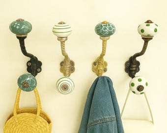 Beige Ceramic Coat Hooks Set – Vintage Metal Wall Hangers – Boho Chic Storage & Organization