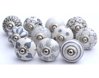 Handpainted Grey & White Ceramic Cabinet Knobs