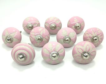 手描きのピンクのセラミックノブ、花柄のキャビネット引き出し取っ手