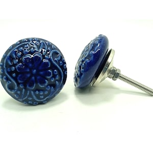 Puxador de armário em cerâmica azul - Ferragens vintage pintadas à mão