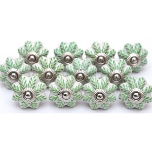 Green Leaf Ceramic Cabinet Knobs, Handpainted Drawer Pulls