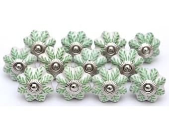Green Leaf Ceramic Cabinet Knobs, Handpainted Drawer Pulls