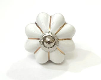 Hand-Painted White Ceramic Knob, Golden Stripe Drawer Pull