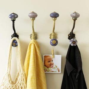 Rustic Wall Hook – Purple Ceramic Knobs – Farmhouse Entryway Decor – Bag & Jacket Hooks