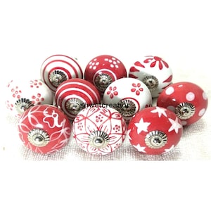 Hand-Painted Red and White Ceramic Drawer Knobs, Vintage Style