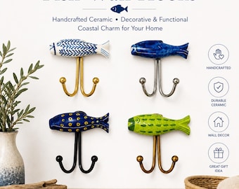 Handmade Ceramic Fish Wall Hooks Set, Coastal Wall Decor, Nautical Towel Hook, Bathroom Wall Hook, Fish Coat Hanger, Beach House Decor