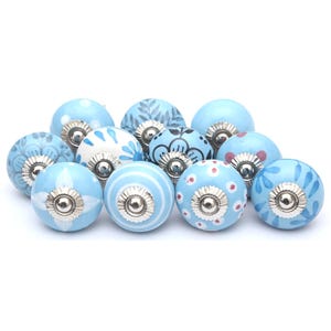 Pomos de cerámica azul cielo, tiradores de cajón pintados a mano