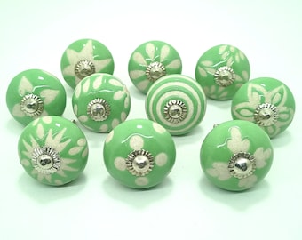 Groene keramische ladeknoppen, handbeschilderde vintage kastgrepen