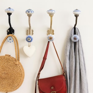 Ganchos de cerámica azul estilo vintage – Perchas de pared bohemias – Gancho para chaqueta, bolso y toalla