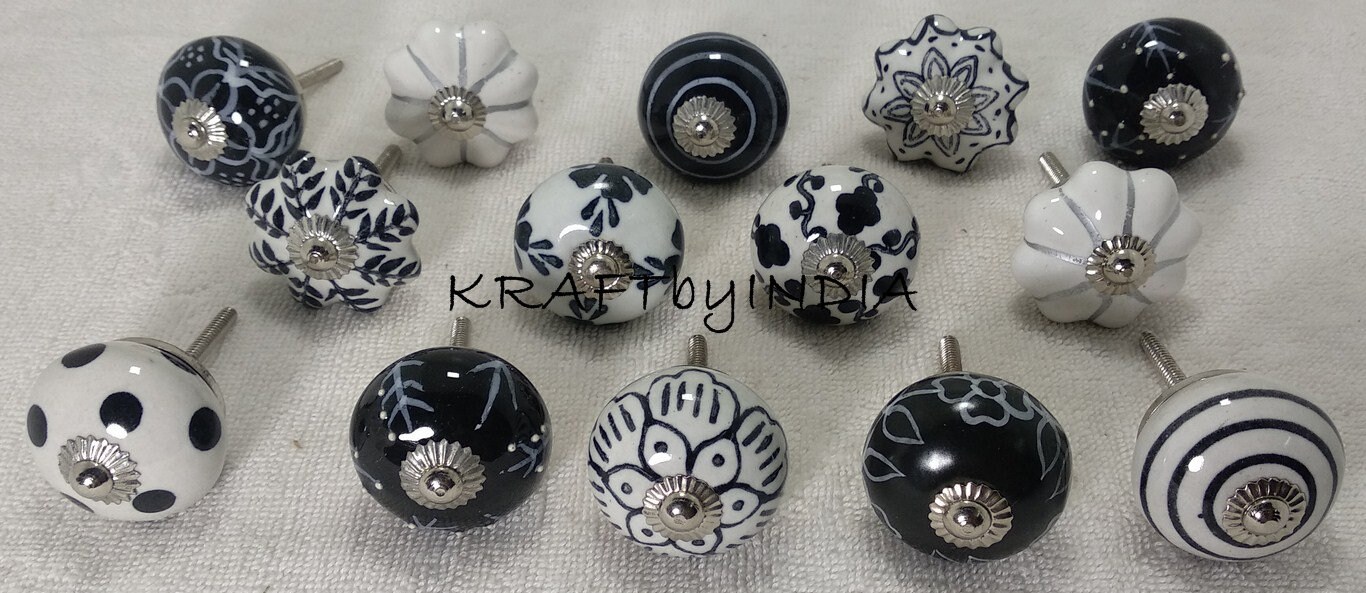 Black and White Ceramic Door Knobs Handpainted Kitchen Etsy