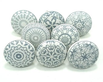 Grey and White Ceramic Cabinet Knobs, Hardware Drawer Pulls