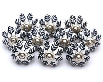 Boutons d'armoire en céramique Black Leaf, quincaillerie peinte à la main