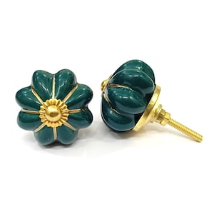 Bottle Green Ceramic Pumpkin Knob, Decorative Cabinet Hardware