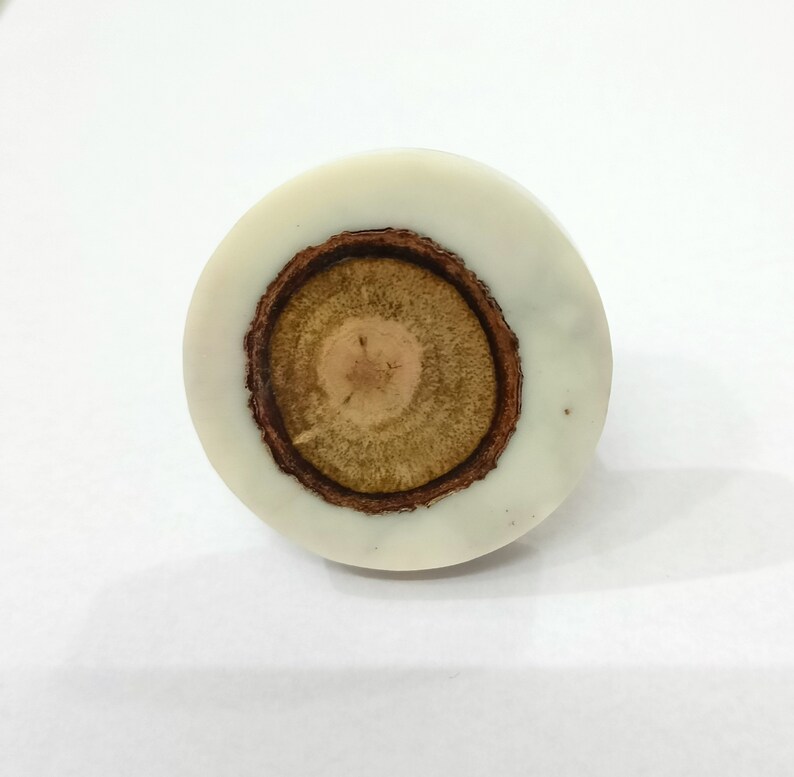 Puede incluir: Un anillo redondo de resina blanca con una incrustaci&oacute;n de madera marr&oacute;n en el centro.