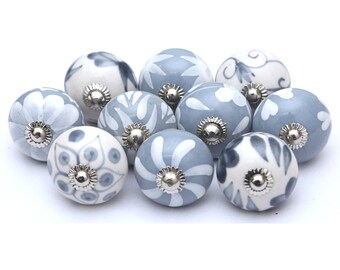 Handpainted Grey Ceramic Cabinet Knobs, Floral Decor