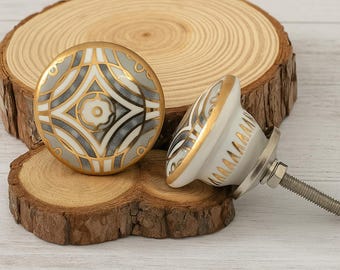 Grey and Golden Ceramic Cabinet Knobs, Decorative Hardware
