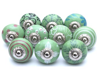 Handpainted Green Ceramic Knobs, Kitchen Cabinet Hardware