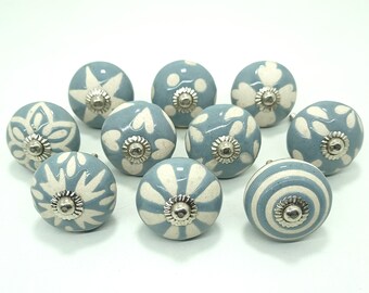 Handpainted Grey Ceramic Drawer Knobs, Vintage Floral Design