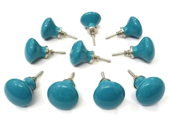 Teal Vintage Ceramic Knobs, Handpainted Hardware