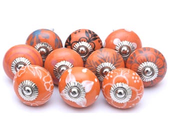 Handpainted Orange Ceramic Cabinet Knobs, Drawer Pulls