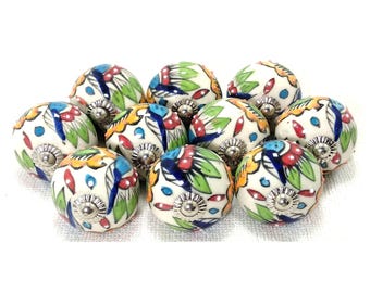 Handpainted Floral Ceramic Cabinet Knob, Multicolor Emboss Design