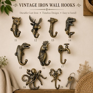Vintage Iron Wall Hook | Animal Coat Hook | Leopard Moose Giraffe Dinosaur Parrot Octopus Faucet Bow Hook | Rustic Wall Decor