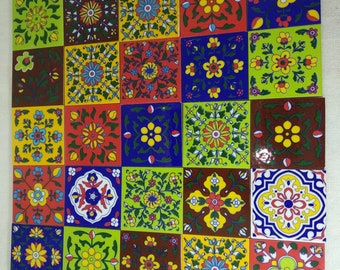 Azulejos de cerámica indios pintados a mano, azulejos decorativos vintage (7,6 x 7,6 cm)