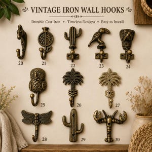Antique Decorative Wall Hooks, Animal Bird Owl Cactus Lobster Palm Tree Hooks, Cast Metal Coat Hook, Rustic Entryway Bathroom Organizer