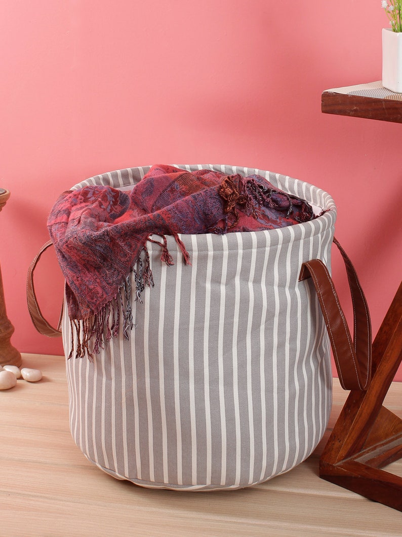 Grey Stripe Canvas Laundry Bag With Leather Handle Laundry Etsy