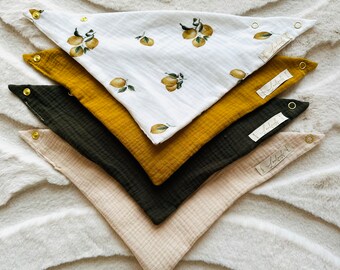 Baby triangular scarves muslin toddler neck scarves in a set of triangular scarves burp cloths bibs organic cotton lemons 4 pieces