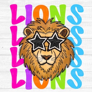 Mascota de león preppy PNG, diseño de sublimación de mascota escolar, colorida, mascota neón, ojos de estrella preppy, lista para imprimir, descarga instantánea