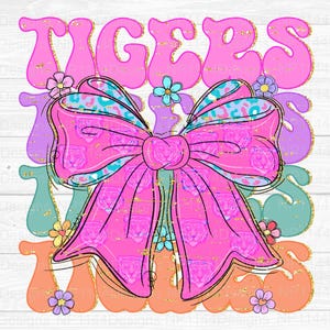 Tigers Preppy Mascot PNG, School Mascot Sublimation Design, Trendy, Pink Mascot, Coquette Bow, Colorful, Ready to Print, Instant Download