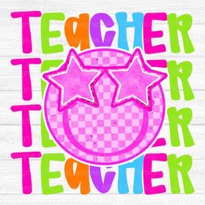 Teacher PNG, School Sublimation Design, Bright Doodle, Preppy Smiley, Neon School png, Back to School, Ready to Print, Instant Download
